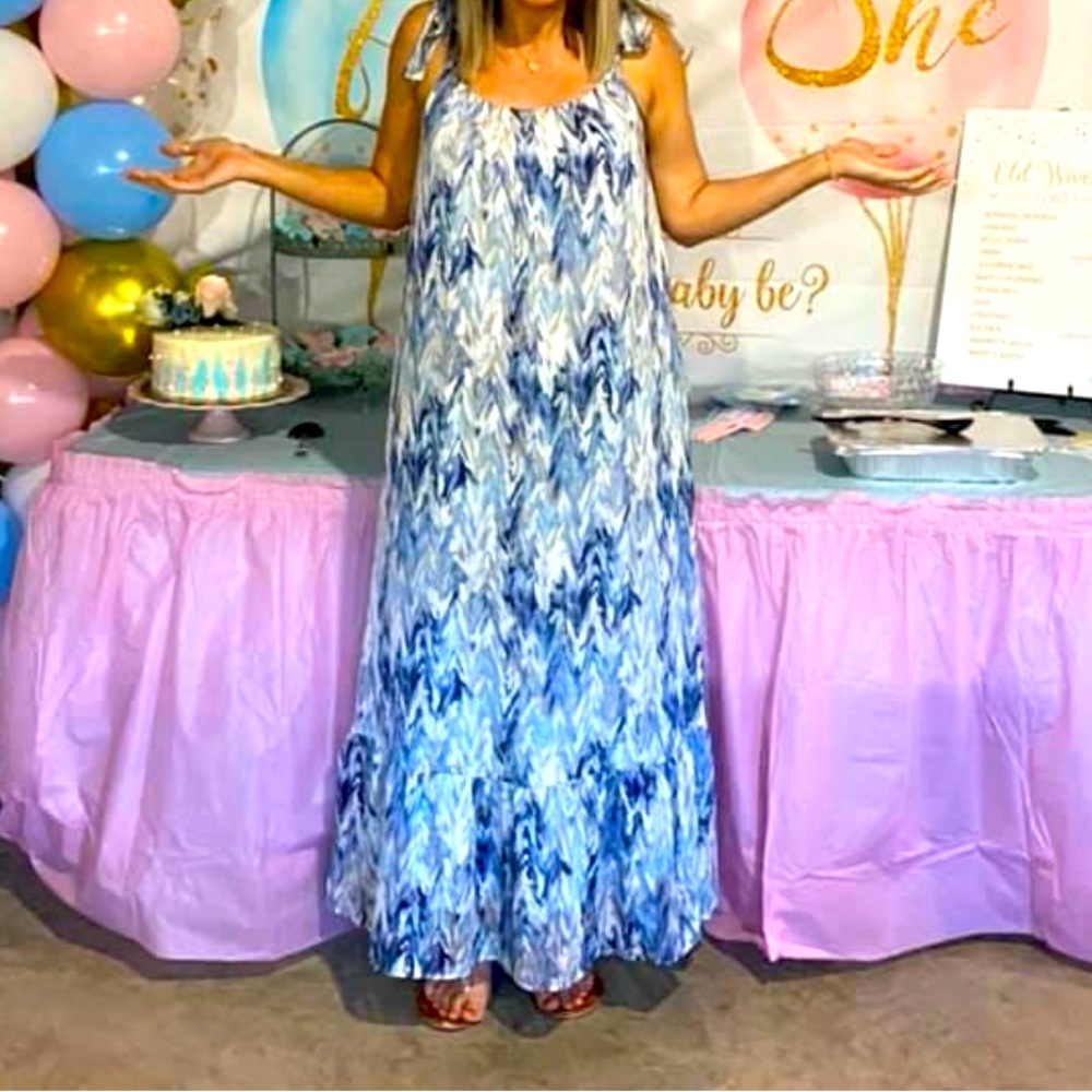 Medium Adrienne Maxi Dress, MultiColor Blue/Gold/White, Tie Shoulder Straps